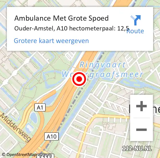 Locatie op kaart van de 112 melding: Ambulance Met Grote Spoed Naar Ouder-Amstel, A10 hectometerpaal: 12,5 op 25 mei 2023 14:28