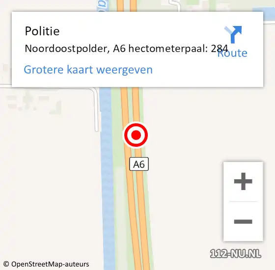 Locatie op kaart van de 112 melding: Politie Noordoostpolder, A6 hectometerpaal: 284 op 25 mei 2023 14:51
