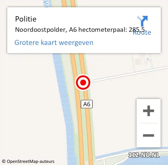 Locatie op kaart van de 112 melding: Politie Noordoostpolder, A6 hectometerpaal: 285,5 op 25 mei 2023 14:53