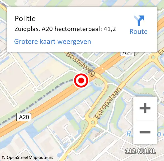 Locatie op kaart van de 112 melding: Politie Zuidplas, A20 hectometerpaal: 41,2 op 25 mei 2023 15:17