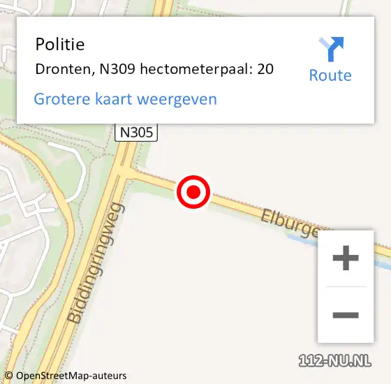 Locatie op kaart van de 112 melding: Politie Dronten, N309 hectometerpaal: 20 op 25 mei 2023 15:42