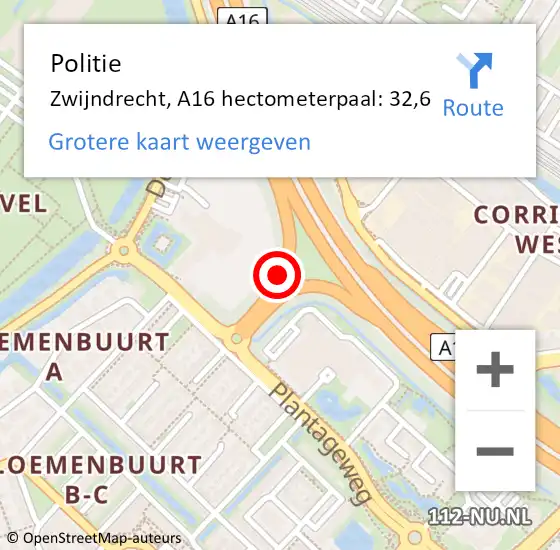 Locatie op kaart van de 112 melding: Politie Zwijndrecht, A16 hectometerpaal: 32,6 op 25 mei 2023 16:15