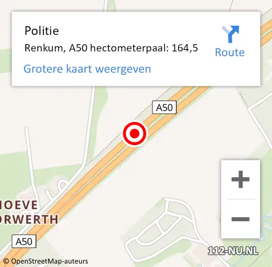 Locatie op kaart van de 112 melding: Politie Renkum, A50 hectometerpaal: 164,5 op 25 mei 2023 16:29