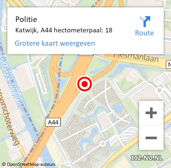 Locatie op kaart van de 112 melding: Politie Katwijk, A44 hectometerpaal: 18 op 25 mei 2023 16:31