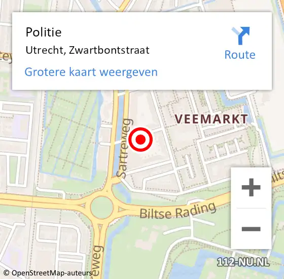 Locatie op kaart van de 112 melding: Politie Utrecht, Zwartbontstraat op 25 mei 2023 17:33