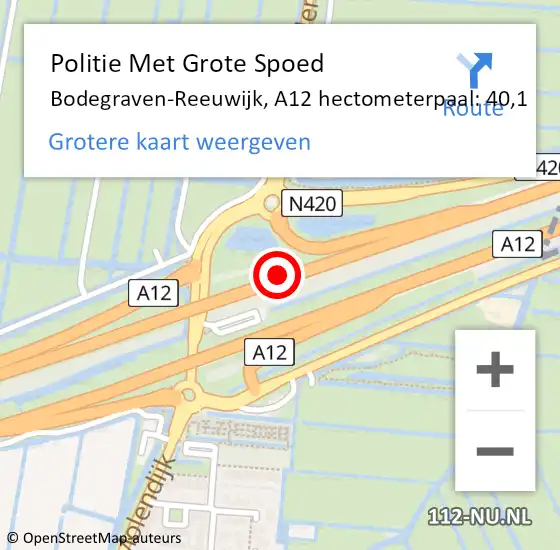 Locatie op kaart van de 112 melding: Politie Met Grote Spoed Naar Bodegraven-Reeuwijk, A12 hectometerpaal: 40,1 op 25 mei 2023 18:19