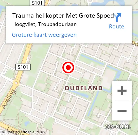 Locatie op kaart van de 112 melding: Trauma helikopter Met Grote Spoed Naar Hoogvliet, Troubadourlaan op 25 mei 2023 21:02