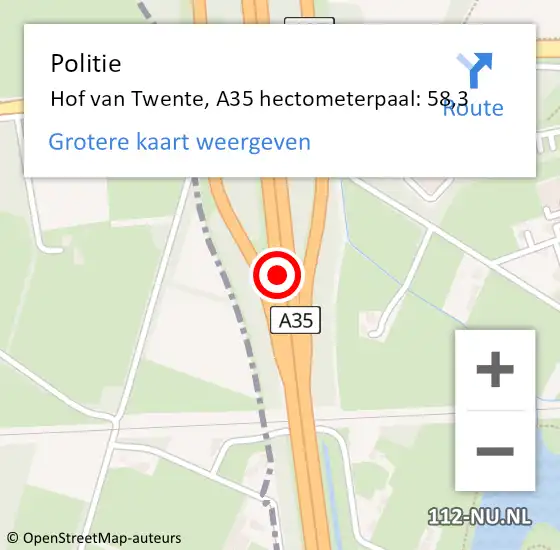 Locatie op kaart van de 112 melding: Politie Hof van Twente, A35 hectometerpaal: 58,3 op 25 mei 2023 23:25