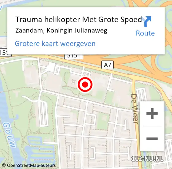 Locatie op kaart van de 112 melding: Trauma helikopter Met Grote Spoed Naar Zaandam, Koningin Julianaweg op 25 mei 2023 23:26