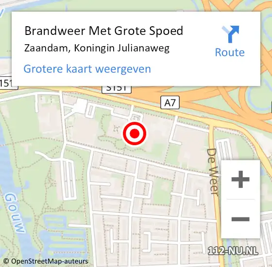Locatie op kaart van de 112 melding: Brandweer Met Grote Spoed Naar Zaandam, Koningin Julianaweg op 25 mei 2023 23:28