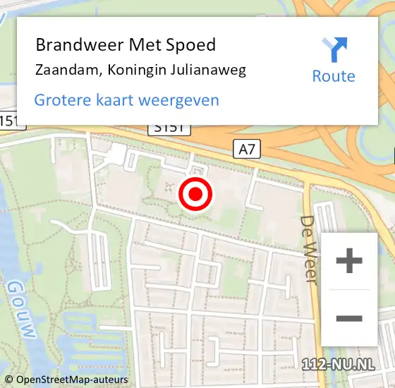 Locatie op kaart van de 112 melding: Brandweer Met Spoed Naar Zaandam, Koningin Julianaweg op 25 mei 2023 23:49
