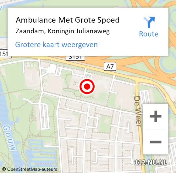 Locatie op kaart van de 112 melding: Ambulance Met Grote Spoed Naar Zaandam, Koningin Julianaweg op 25 mei 2023 23:52