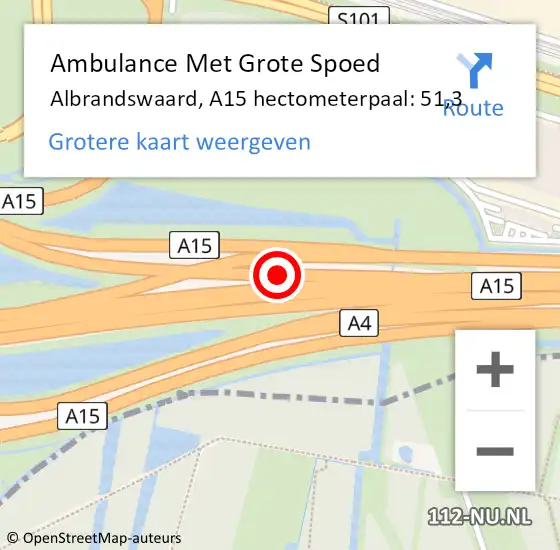 Locatie op kaart van de 112 melding: Ambulance Met Grote Spoed Naar Albrandswaard, A15 hectometerpaal: 51,3 op 26 mei 2023 06:47