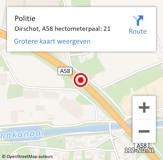 Locatie op kaart van de 112 melding: Politie Oirschot, A58 hectometerpaal: 21 op 26 mei 2023 06:52