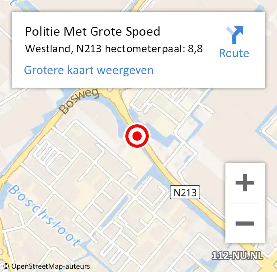 Locatie op kaart van de 112 melding: Politie Met Grote Spoed Naar Westland, N213 hectometerpaal: 8,8 op 26 mei 2023 07:47