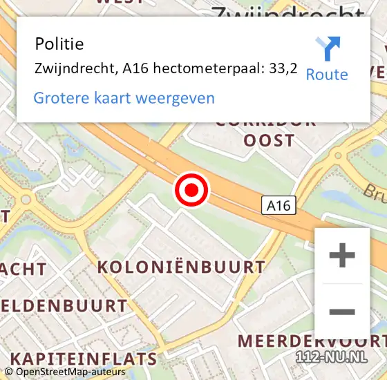 Locatie op kaart van de 112 melding: Politie Zwijndrecht, A16 hectometerpaal: 33,2 op 26 mei 2023 09:59