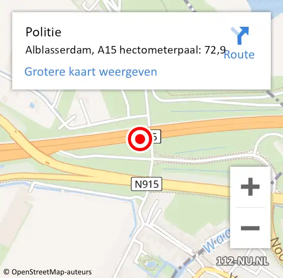 Locatie op kaart van de 112 melding: Politie Alblasserdam, A15 hectometerpaal: 72,9 op 26 mei 2023 11:25