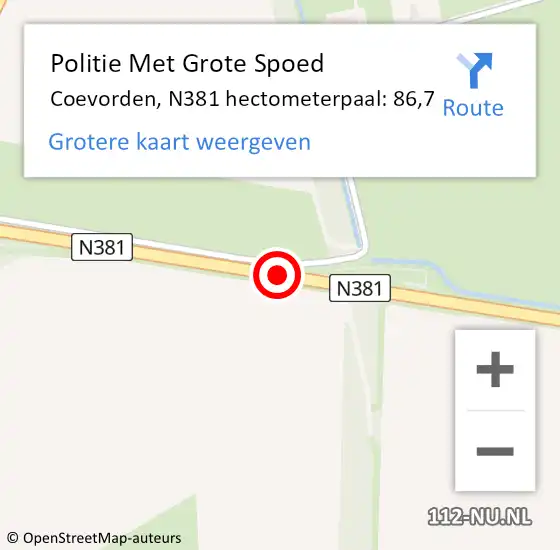 Locatie op kaart van de 112 melding: Politie Met Grote Spoed Naar Coevorden, N381 hectometerpaal: 86,7 op 26 mei 2023 11:52