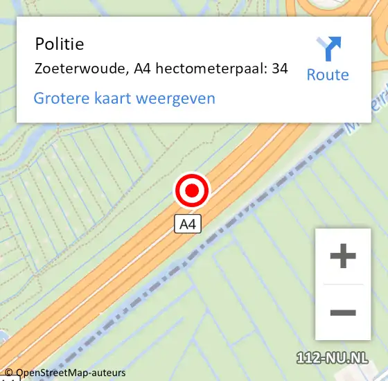 Locatie op kaart van de 112 melding: Politie Zoeterwoude, A4 hectometerpaal: 34 op 26 mei 2023 12:02