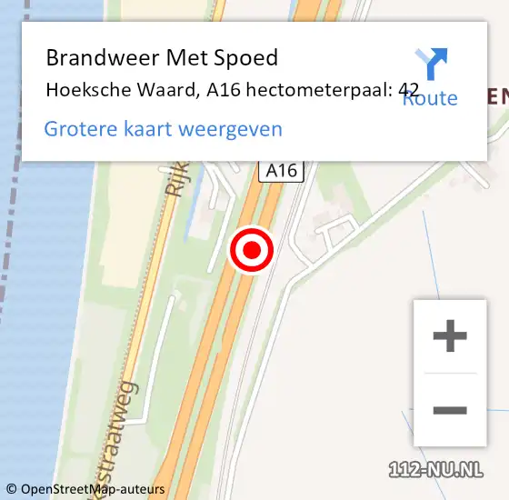 Locatie op kaart van de 112 melding: Brandweer Met Spoed Naar Hoeksche Waard, A16 hectometerpaal: 42 op 26 mei 2023 12:39