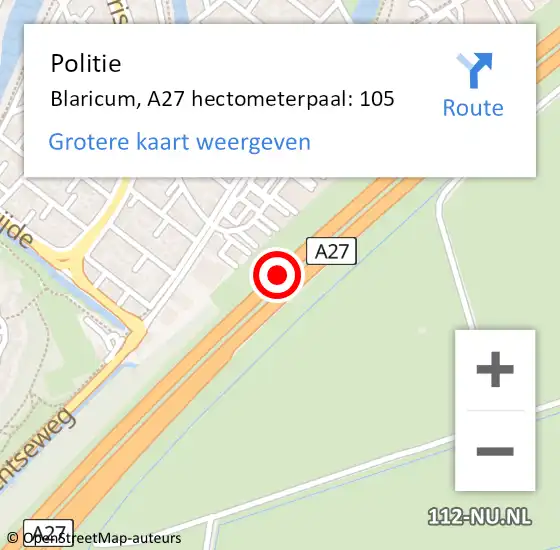 Locatie op kaart van de 112 melding: Politie Blaricum, A27 hectometerpaal: 105 op 26 mei 2023 14:24