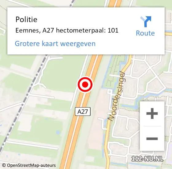 Locatie op kaart van de 112 melding: Politie Eemnes, A27 hectometerpaal: 101 op 26 mei 2023 14:32