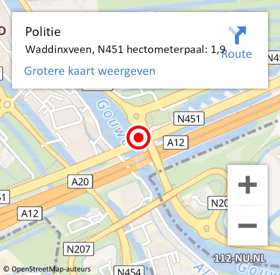 Locatie op kaart van de 112 melding: Politie Waddinxveen, N451 hectometerpaal: 1,9 op 26 mei 2023 14:44