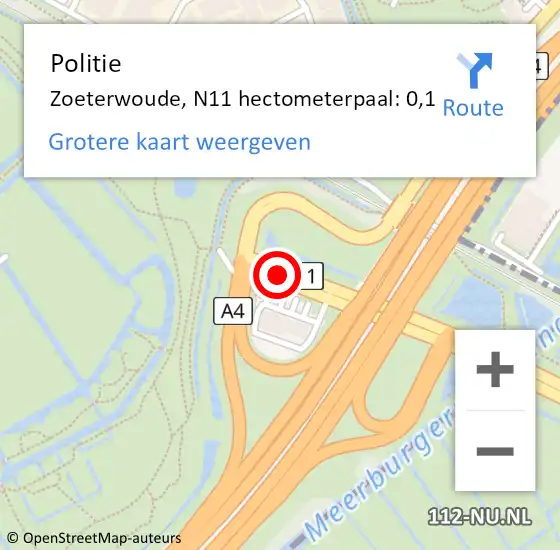 Locatie op kaart van de 112 melding: Politie Zoeterwoude, N11 hectometerpaal: 0,1 op 26 mei 2023 15:19