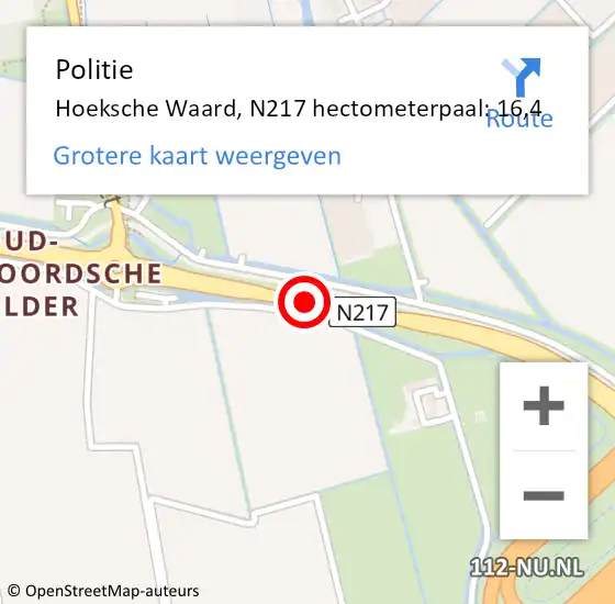 Locatie op kaart van de 112 melding: Politie Hoeksche Waard, N217 hectometerpaal: 16,4 op 26 mei 2023 15:22