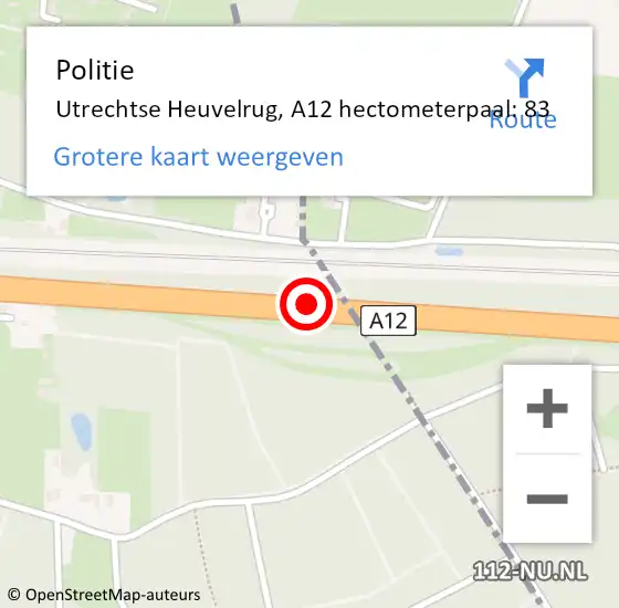 Locatie op kaart van de 112 melding: Politie Utrechtse Heuvelrug, A12 hectometerpaal: 83 op 26 mei 2023 15:34