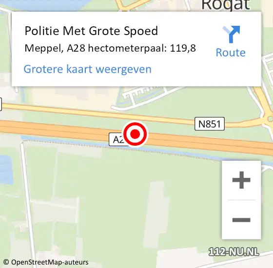 Locatie op kaart van de 112 melding: Politie Met Grote Spoed Naar Meppel, A28 hectometerpaal: 119,8 op 26 mei 2023 15:59