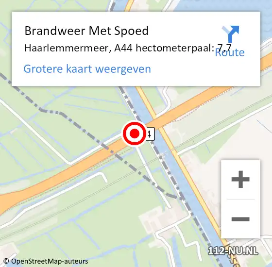 Locatie op kaart van de 112 melding: Brandweer Met Spoed Naar Haarlemmermeer, A44 hectometerpaal: 7,7 op 26 mei 2023 17:16