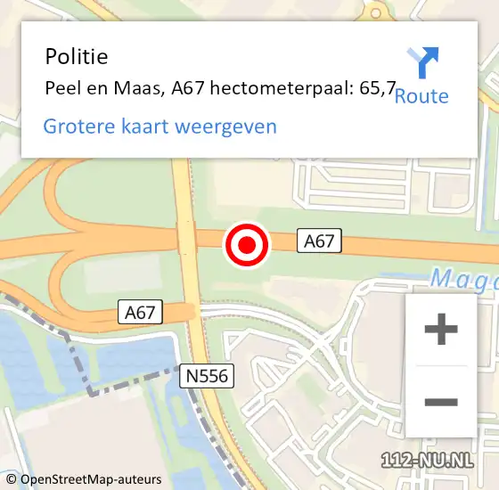 Locatie op kaart van de 112 melding: Politie Peel en Maas, A67 hectometerpaal: 65,7 op 26 mei 2023 17:41