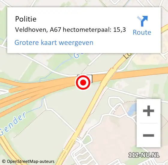 Locatie op kaart van de 112 melding: Politie Veldhoven, A67 hectometerpaal: 15,3 op 26 mei 2023 17:47