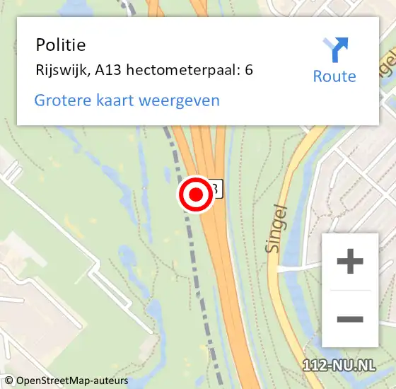 Locatie op kaart van de 112 melding: Politie Rijswijk, A13 hectometerpaal: 6 op 26 mei 2023 18:00