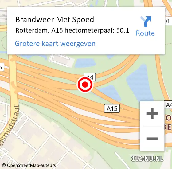 Locatie op kaart van de 112 melding: Brandweer Met Spoed Naar Rotterdam, A15 hectometerpaal: 50,1 op 26 mei 2023 18:09