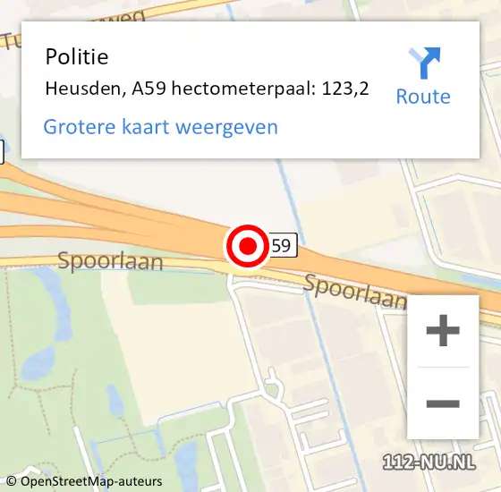 Locatie op kaart van de 112 melding: Politie Heusden, A59 hectometerpaal: 123,2 op 26 mei 2023 19:37