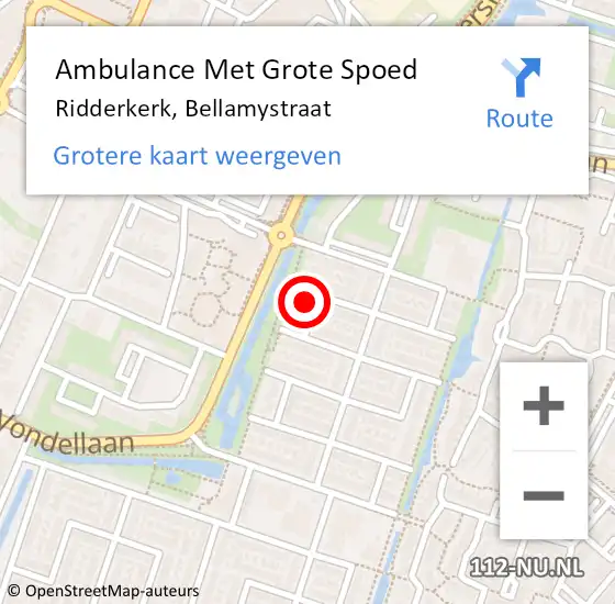 Locatie op kaart van de 112 melding: Ambulance Met Grote Spoed Naar Ridderkerk, Bellamystraat op 26 mei 2023 19:47