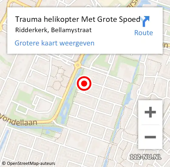 Locatie op kaart van de 112 melding: Trauma helikopter Met Grote Spoed Naar Ridderkerk, Bellamystraat op 26 mei 2023 19:47