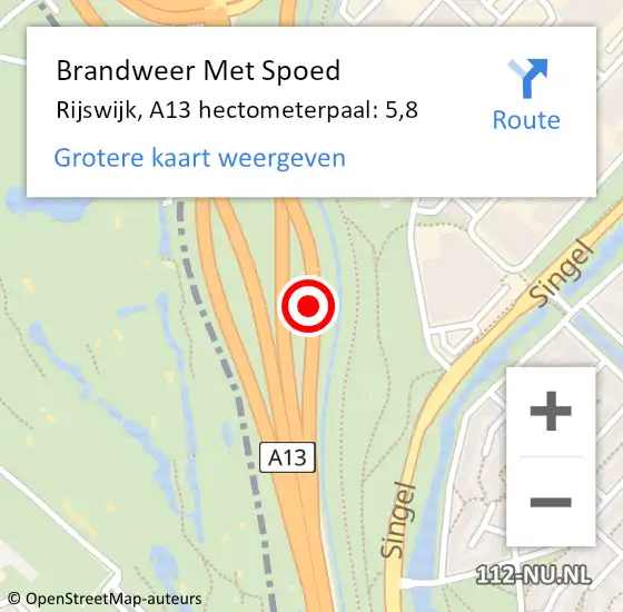 Locatie op kaart van de 112 melding: Brandweer Met Spoed Naar Rijswijk, A13 hectometerpaal: 5,8 op 26 mei 2023 20:48