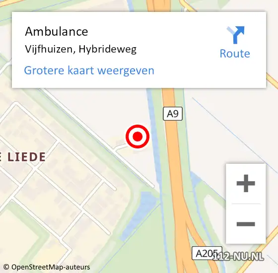 Locatie op kaart van de 112 melding: Ambulance Vijfhuizen, Hybrideweg op 26 mei 2023 21:23