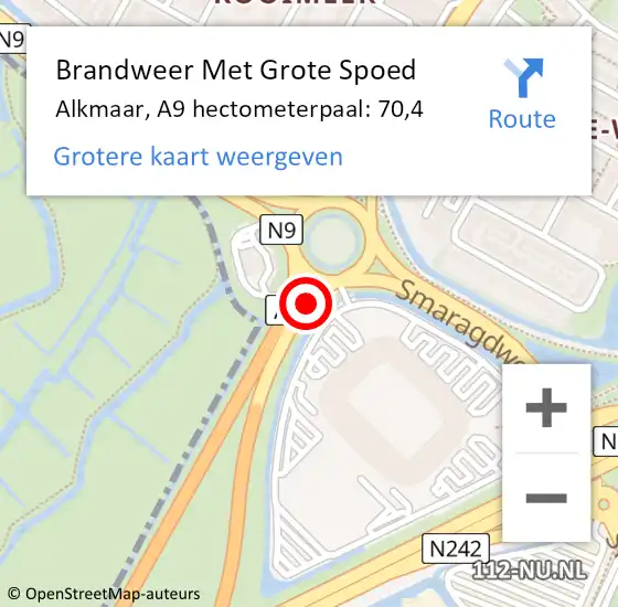 Locatie op kaart van de 112 melding: Brandweer Met Grote Spoed Naar Alkmaar, A9 hectometerpaal: 70,4 op 26 mei 2023 21:56