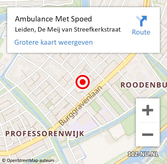 Locatie op kaart van de 112 melding: Ambulance Met Spoed Naar Leiden, De Meij van Streefkerkstraat op 27 mei 2023 02:34