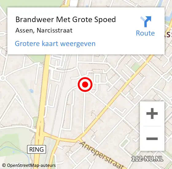 Locatie op kaart van de 112 melding: Brandweer Met Grote Spoed Naar Assen, Narcisstraat op 27 mei 2023 04:21