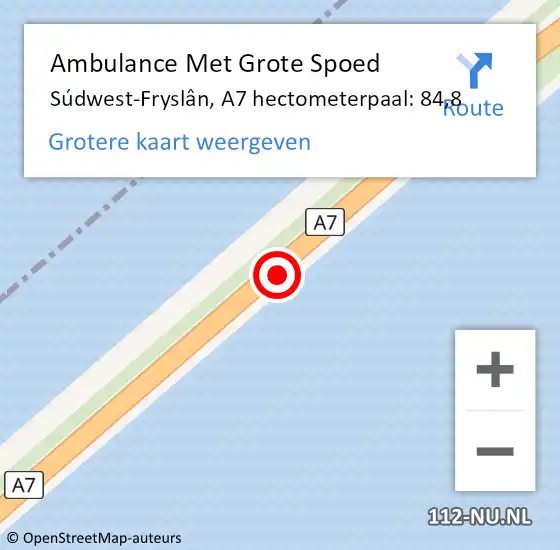 Locatie op kaart van de 112 melding: Ambulance Met Grote Spoed Naar Súdwest-Fryslân, A7 hectometerpaal: 84,8 op 27 mei 2023 07:55