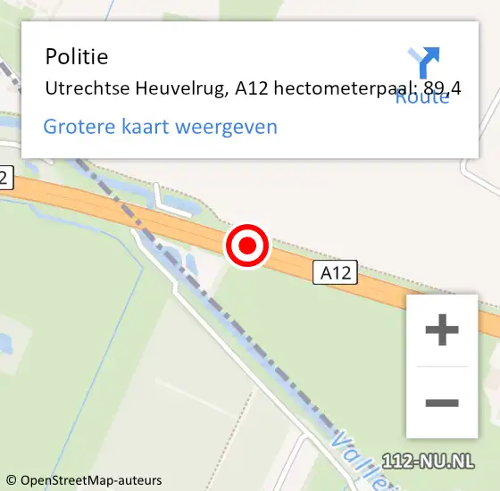 Locatie op kaart van de 112 melding: Politie Utrechtse Heuvelrug, A12 hectometerpaal: 89,4 op 27 mei 2023 08:48