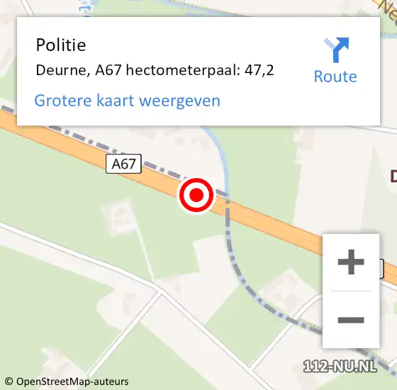 Locatie op kaart van de 112 melding: Politie Deurne, A67 hectometerpaal: 47,2 op 27 mei 2023 09:00