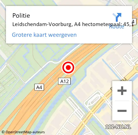 Locatie op kaart van de 112 melding: Politie Leidschendam-Voorburg, A4 hectometerpaal: 45,1 op 27 mei 2023 09:18
