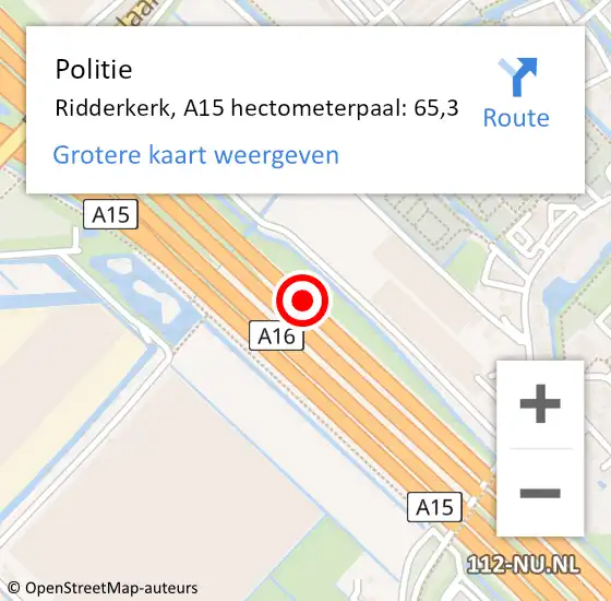 Locatie op kaart van de 112 melding: Politie Ridderkerk, A15 hectometerpaal: 65,3 op 27 mei 2023 09:21