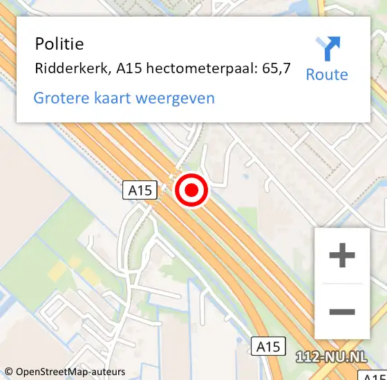Locatie op kaart van de 112 melding: Politie Ridderkerk, A15 hectometerpaal: 65,7 op 27 mei 2023 09:22